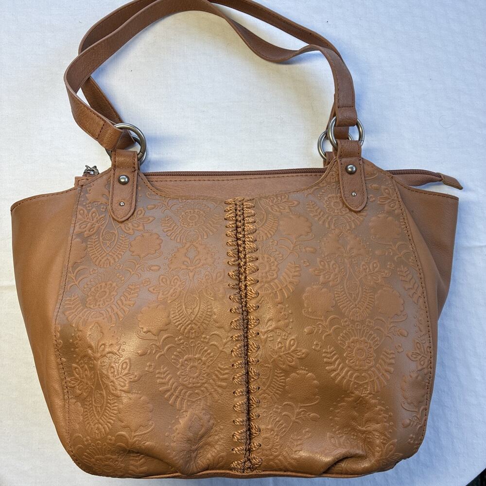 The Sak Bolinas Leather Satchel in the Tobacco Floral Embossed